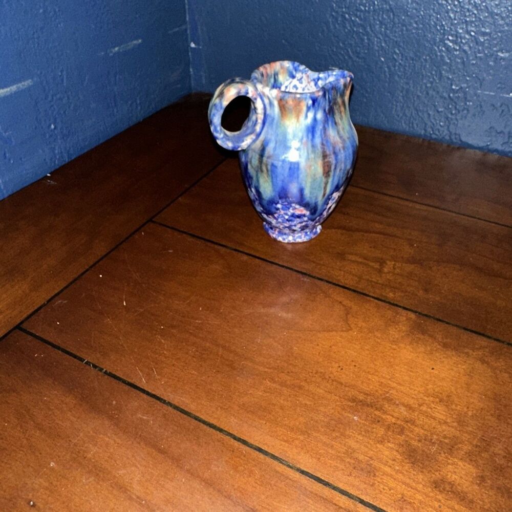 4” Italian Pottery Pitcher Gorgeous Colors Numbered Tye Dye Look EUC